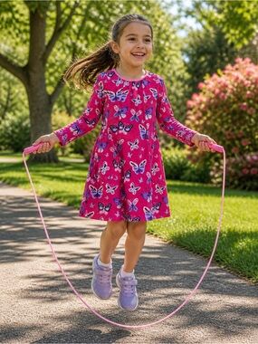 Hatley Butterfly Print Dress Girls Size 7 Pink Long Sleeve 100% Cotton